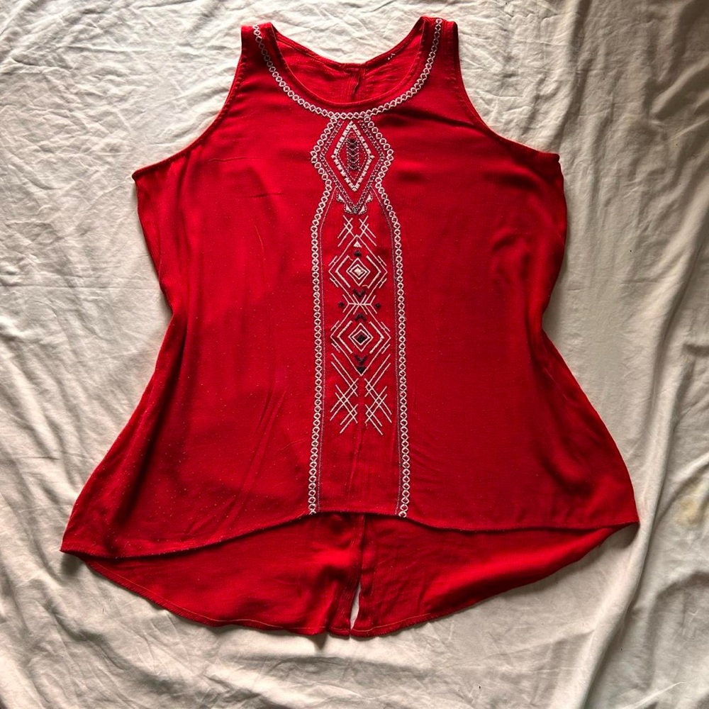 Red Sleeveless Top with Embroidered Design